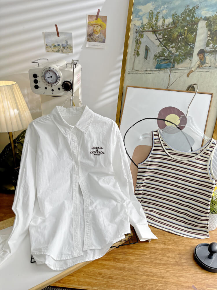 レトロストライプ刺繍ワイドシャツセット 春秋対応 オーバーサイズベスト＆長袖シャツ レディースカジュアル 韓国風2点セット番号ZT724