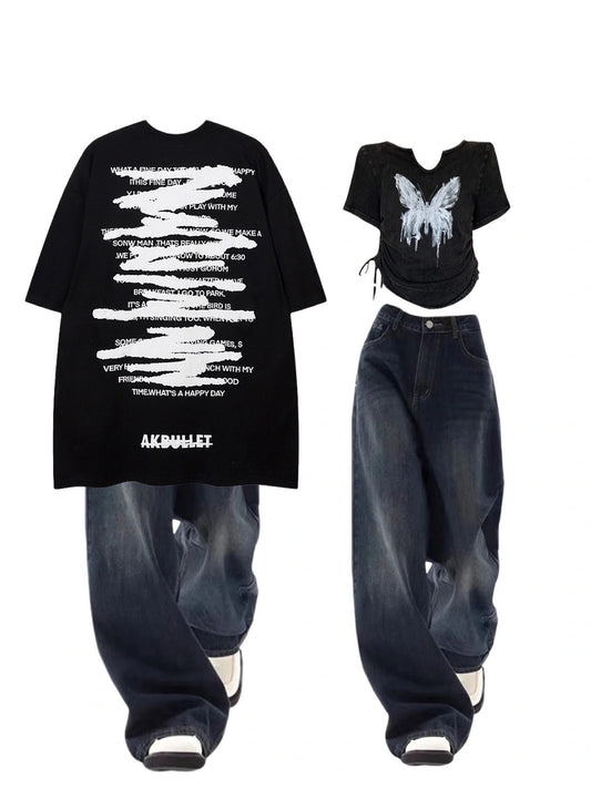 ディープブルーデニムハイウエストストレートスラグパンツ アメリカンヴィンテージウォッシュ半袖Tシャツ新作アンティーク調ブラックスリム紐半開き襟シャツ夏新作小衆デザインoversize半袖Tシャツ番号ZT123